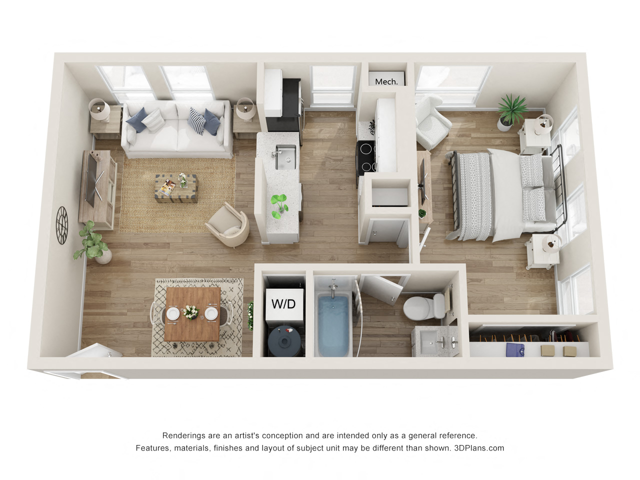 Floor plan for 1 bed, 1 bath, 576 sqft